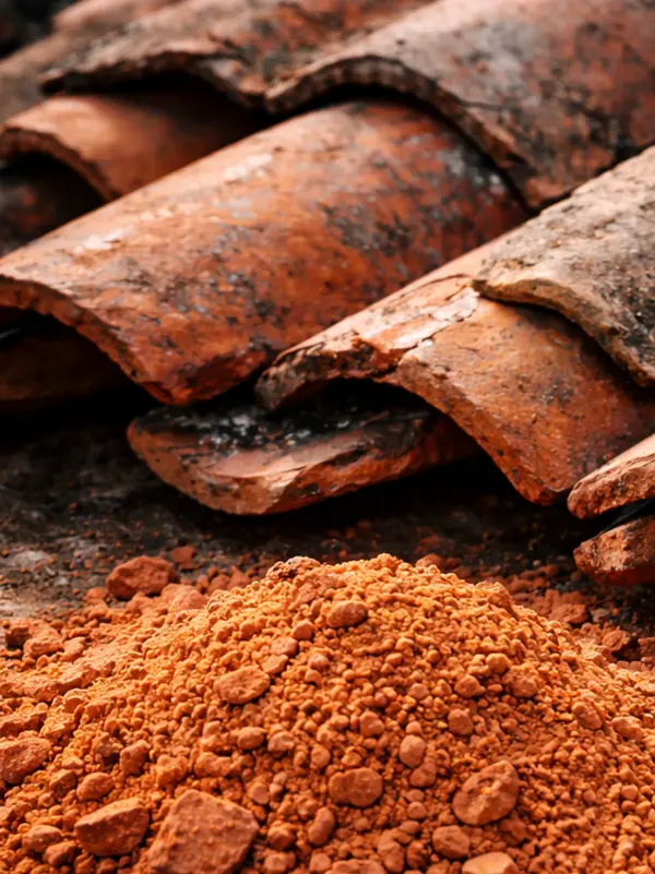 Ground clay bricks in the shape of roof tiles