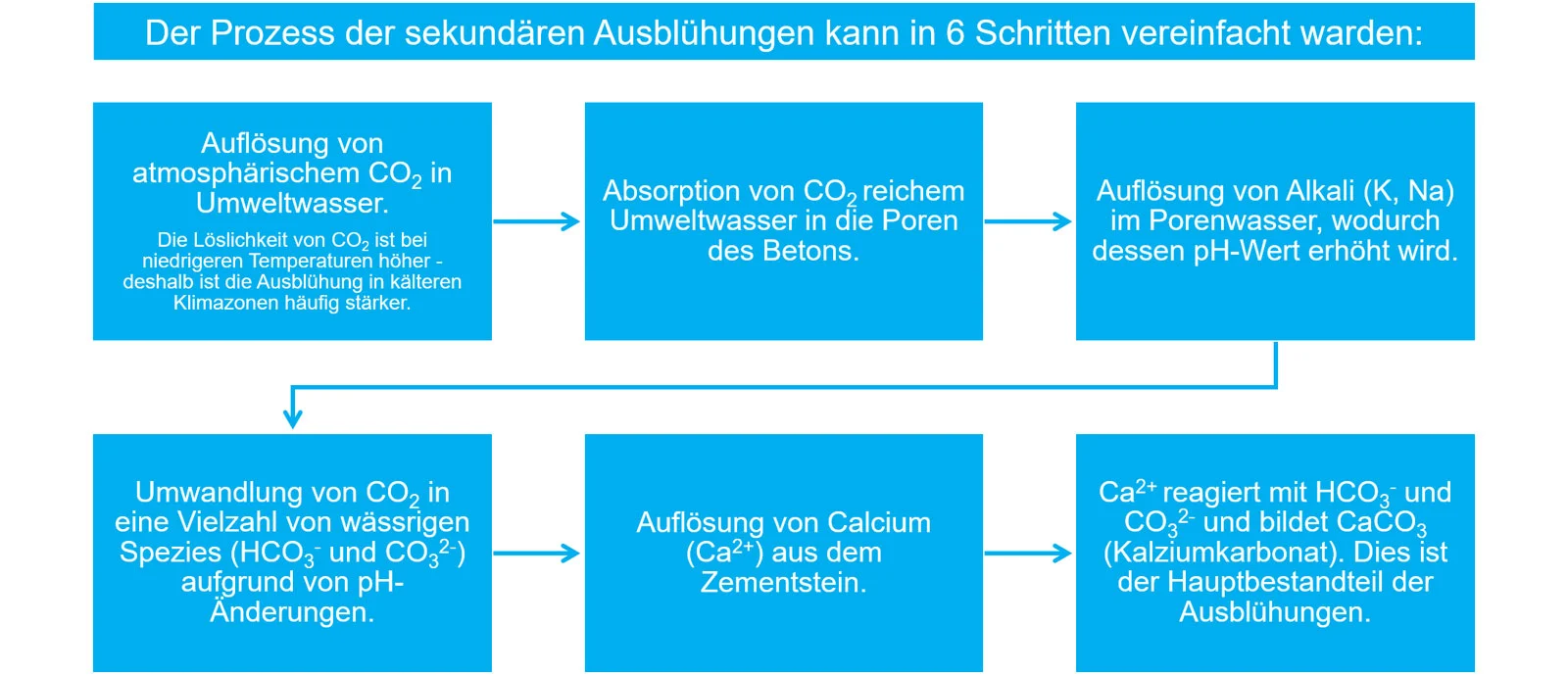 Der Prozess der sekundären Ausblühungen kann in 6 Schritten vereinfacht werden