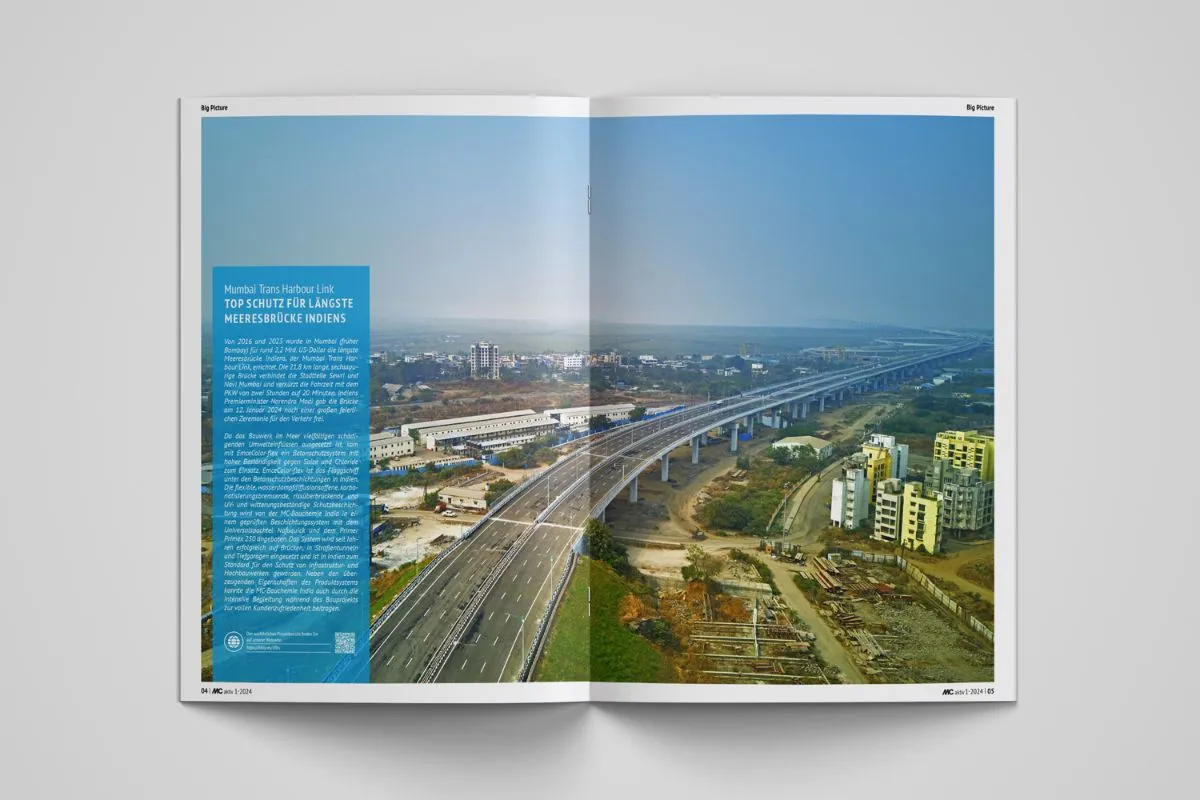 Unser BIG PICTURE zeigt die Mumbai Trans-Harbour Link, die längste Meeresbrücke Indiens. Um die Brücke vor den schädlichen Umwelteinflüssen des Meeres zu schützen, wurde das Betonschutzsystem EmceColor-flex (außerhalb Indiens unter MC-Color bekannt) eingesetzt.